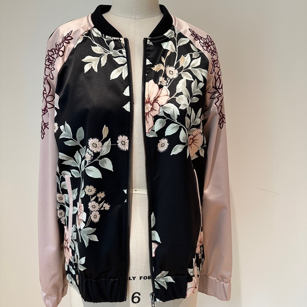 Guess Black and Pink Floral Bomber Jacket